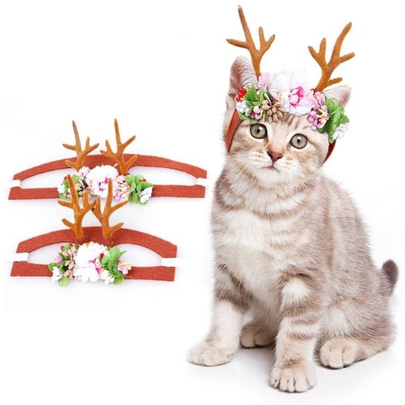 Pet Elk Cat Antler Headband Flower Pet Headwear Christmas Deco Costume Cosplay - Picture 2 of 8